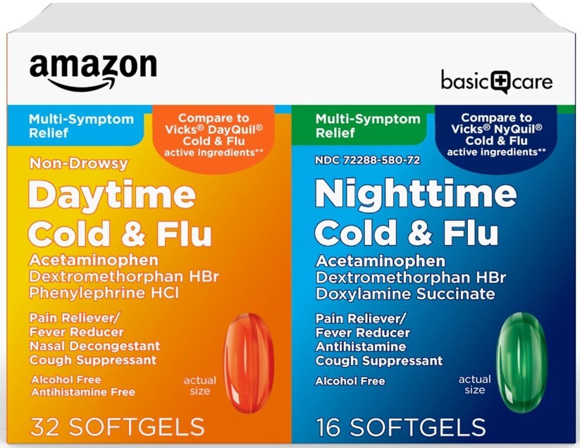 Amazon Basic Care Alivio del Resfriado y la Gripe, paquete combinado de cápsulas blandas durante el día y la noche