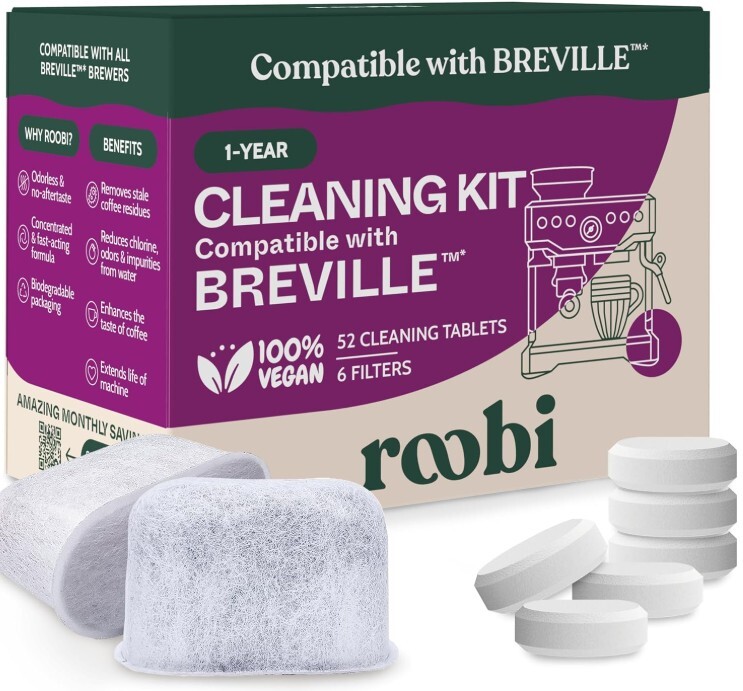 Roobi Kit de limpieza y mantenimiento de máquina de café espresso compatible con Breville. Incluye 52 tabletas de limpieza Breville y 6 filtros de agua. Carbono neutro.