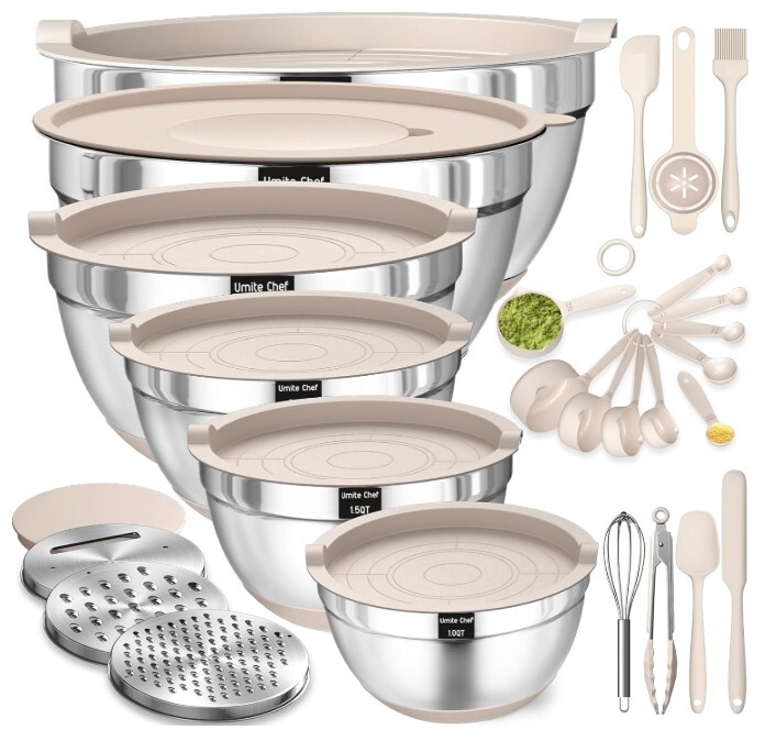 Juego de tazones para mezclar con tapas herméticas, 26 cuencos de acero inoxidable con accesorios para rallador, fondo antideslizante y utensilios de cocina