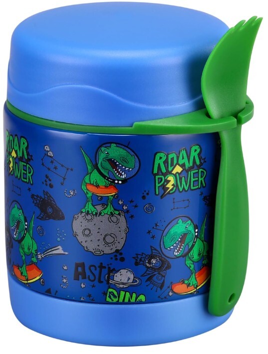 Termo de sopa de 10 oz para comida caliente para niños, contenedor aislado para comida caliente, lonchera de acero inoxidable de boca ancha con cuchara (dinosaurio azul)