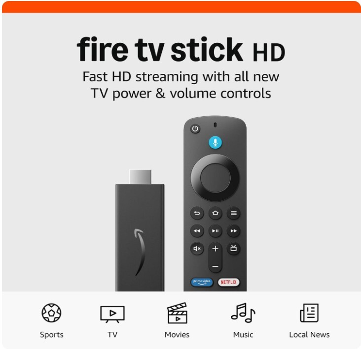 Amazon Fire TV Stick HD (modelo más reciente), TV en vivo gratuita, Control remoto por voz Alexa, controles de Smart Home, streaming en HD