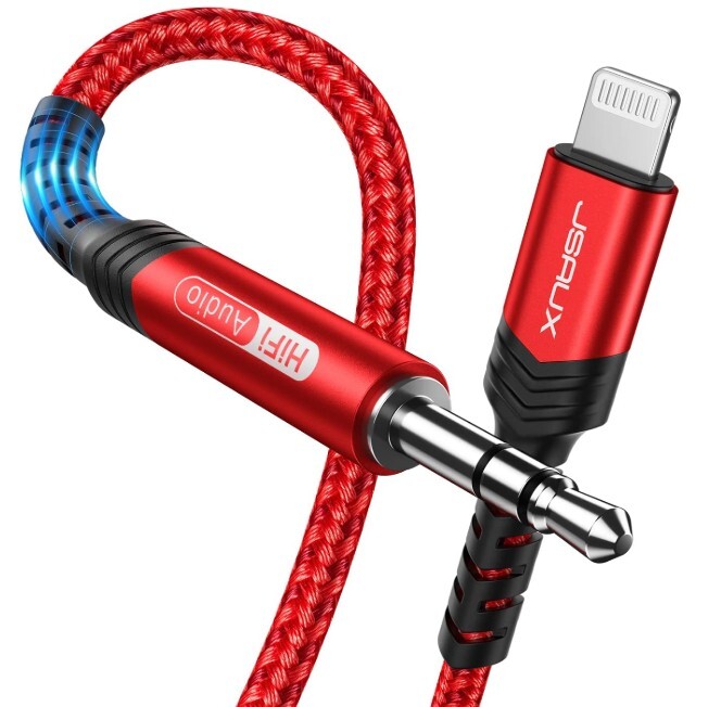 Cable de audio Lightning a 0.138 pulgadas (3.5mm) de 6 pies, JSAUX auriculares para iPhone, cable auxiliar Lightning compatible con iPhone, rojo