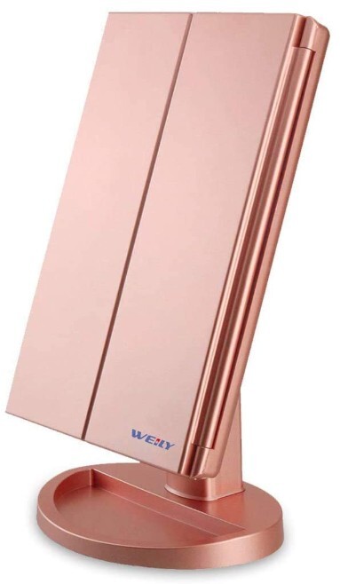 WEILY Espejo de maquillaje iluminado con 21 luces LED, espejo de tocador triple con ampliación 3X/2X/1X, pantalla táctil, espejos portátiles de rotación de 180 grados para viajes