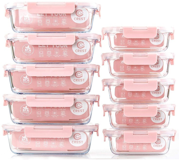 C CREST Paquete de 10 recipientes de vidrio para preparación de comidas, recipientes de almacenamiento de alimentos con tapas herméticas, fiambreras de vidrio, microondas, horno, congelador