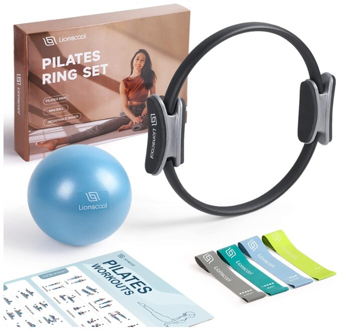 LIONSCOOL – Juego de aros de pilates: círculo mágico antideformación de 14 pulgadas con asas acolchadas, minipelota, bandas de resistencia, guía y bolsa