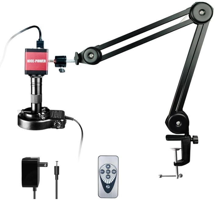 NICE-POWER Microscopio digital, 13MP 1080P HDMI VGA cámara de video industrial, lente de montaje en C de zoom 150X, soporte plegable, luz de anillo LED, microscopio de soldadura para reparación