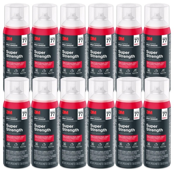 3M Super 77 – Adhesivo en aerosol multiusos, latas de 7.35 onzas, paquete de 12 – Pegamento en aerosol de alta resistencia a granel para espuma, tela, plástico, papel, cartón, metal y más