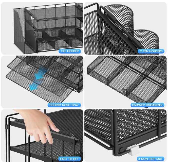 Organizadores de escritorio y accesorios, para espacio de trabajo, suministros de oficina, organizador de archivos con 2 soportes para bolígrafos, organizador de papeles de 4 niveles (negro)