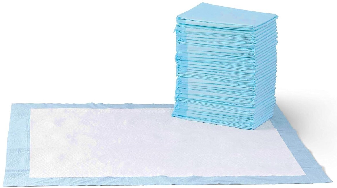 Amazon Basics Almohadillas para cachorros con diseño de secado rápido de 5 capas a prueba de fugas para entrenamiento de orinal, tamaño XL de 28 x 34 pulgadas, paquete de 40, azul y blanco