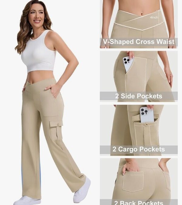 Casei Pantalones de yoga con bolsillos para mujer, pantalones cargo de pierna ancha, cintura alta, elásticos, para trabajo, viajes, pantalones casuales