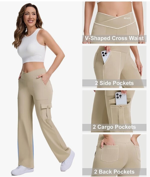 Casei Pantalones de yoga con bolsillos para mujer, pantalones cargo de pierna ancha, cintura alta, elásticos, para trabajo, viajes, pantalones casuales