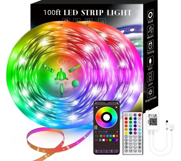 Tira de luces LED inteligentes de 100 pies, sincronización RGB con música con control remoto de 40 teclas, luces LED para dormitorio, decoración de luces de Navidad (multicolor, 100 pies)