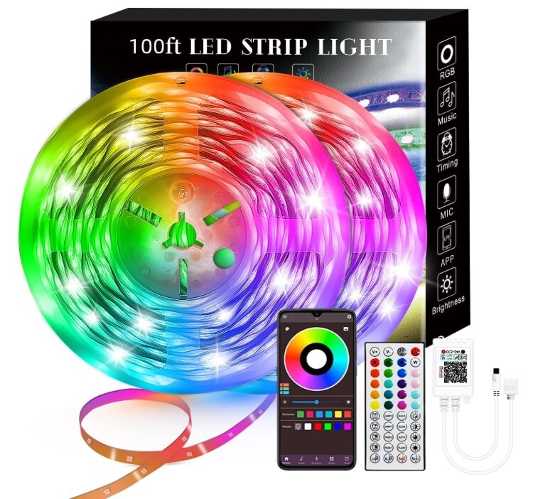 Tira de luces LED inteligentes de 100 pies, sincronización RGB con música con control remoto de 40 teclas, luces LED para dormitorio, decoración de luces de Navidad (multicolor, 100 pies)