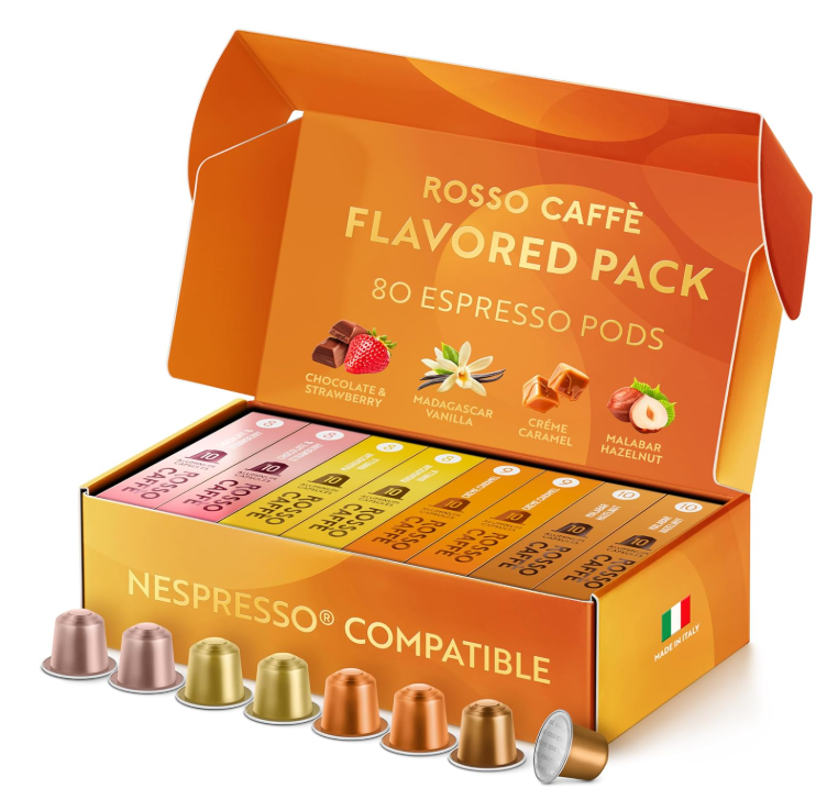 ROSSO CAFFE Cápsulas de café expreso, compatibles con máquinas originales Nespresso, paquete de sabor Reserve, 80 cápsulas, fabricadas en Italia