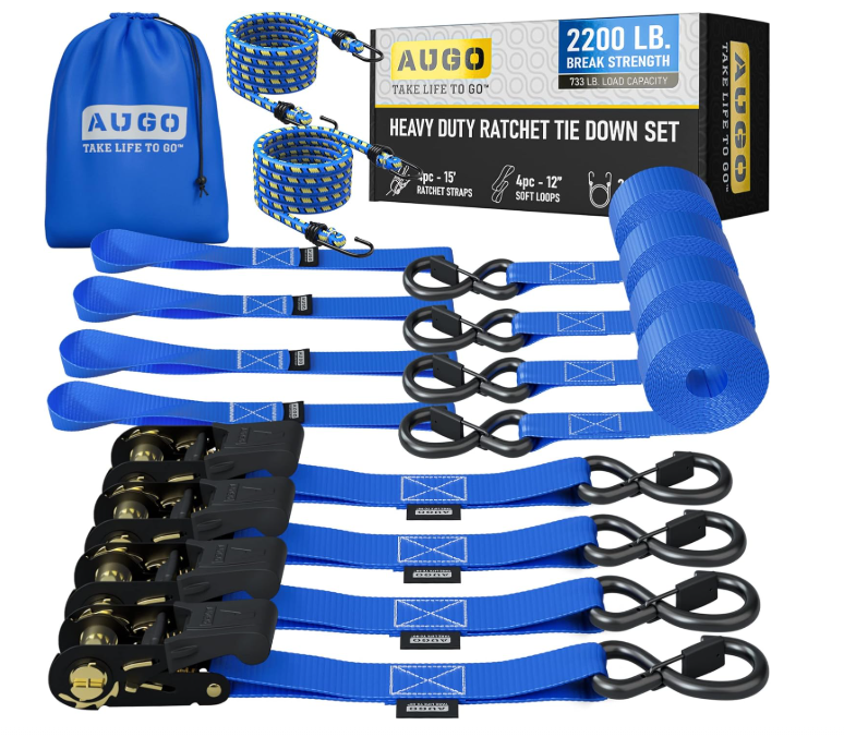 Correas para movimiento de electrodomésticos, césped, equipos de carga, motocicletas. 500 de capacidad de carga y 1500 libras de resistencia a la rotura. Pack de 4 y bonus de accesorios por Augo., Azul, 4-RCHT