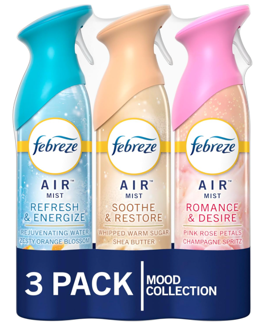 Febreze Air Mist – Ambientador en aerosol, espray que combate el olor para el hogar y el baño y la cocina, lata de aerosol, refrescar y energizar, calmar y restaurar, aroma romántico y deseo, 8.8