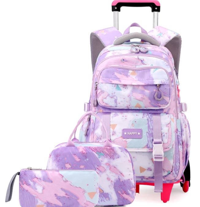 EKUIZAI Conjunto de mochila con ruedas para niñas, mochila con ruedas para escuela intermedia, con ruedas, Púrpura