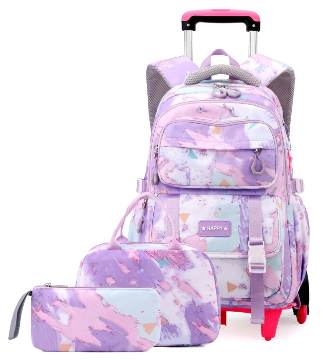 EKUIZAI Conjunto de mochila con ruedas para niñas, mochila con ruedas para escuela intermedia, con ruedas, Púrpura