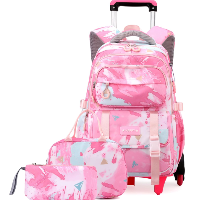 EKUIZAI Conjunto de mochila con ruedas para niñas, mochila con ruedas para escuela intermedia, con ruedas, Rosado, Moderno