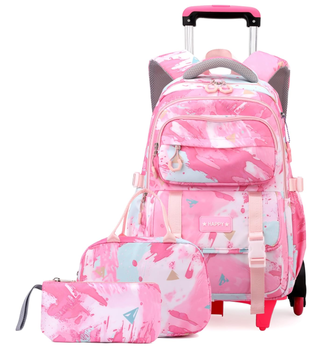 EKUIZAI Conjunto de mochila con ruedas para niñas, mochila con ruedas para escuela intermedia, con ruedas, Rosado, Moderno