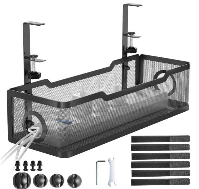 Cinati – Bandeja organizadora de cables para colocar debajo del escritorio, con abrazadera, no daña el escritorio y no se necesita taladro, para oficina y hogar, color negro