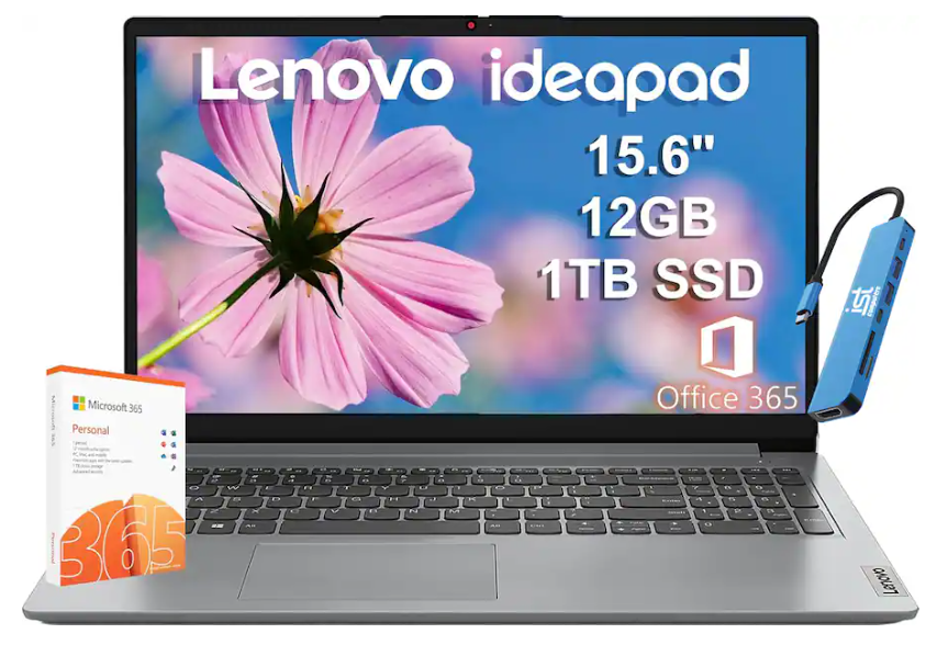 Lenovo – IdeaPad 1 15.6 HD Laptop – Intel Celeron with 12GB Memory – 1TB SSD + 128GB eMMC Storage – Numeric Keypad – Windows 11 – Cloud Grey