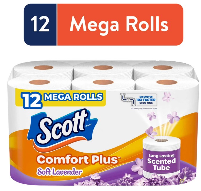 Scott ComfortPlus Toilet Paper with Soft Lavender Scented Tube, 12 Mega Rolls