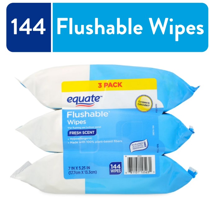 Equate Extra Large Flushable Wet Wipes, Fragrance Free, 144 Wipes (3 Pack)